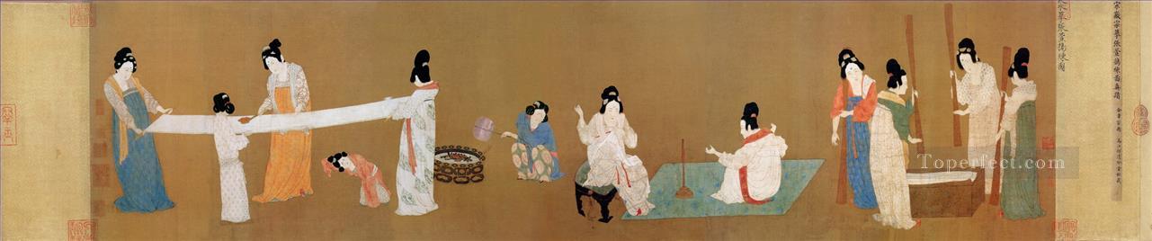 court ladies preparing newly woven silk old China ink Oil Paintings